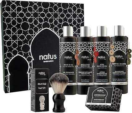 CONJUNTO DE BELLEZA PARA HOMBRES CON ACEITE DE ARGÁN - JABÓN, CHAMPÚN, GEL DE DUCHA, GEL DE AFEITAR, LOCIÓN Y BROCHA DE AFEITAR HECHA A MANO - VEGANO Y NATURAL